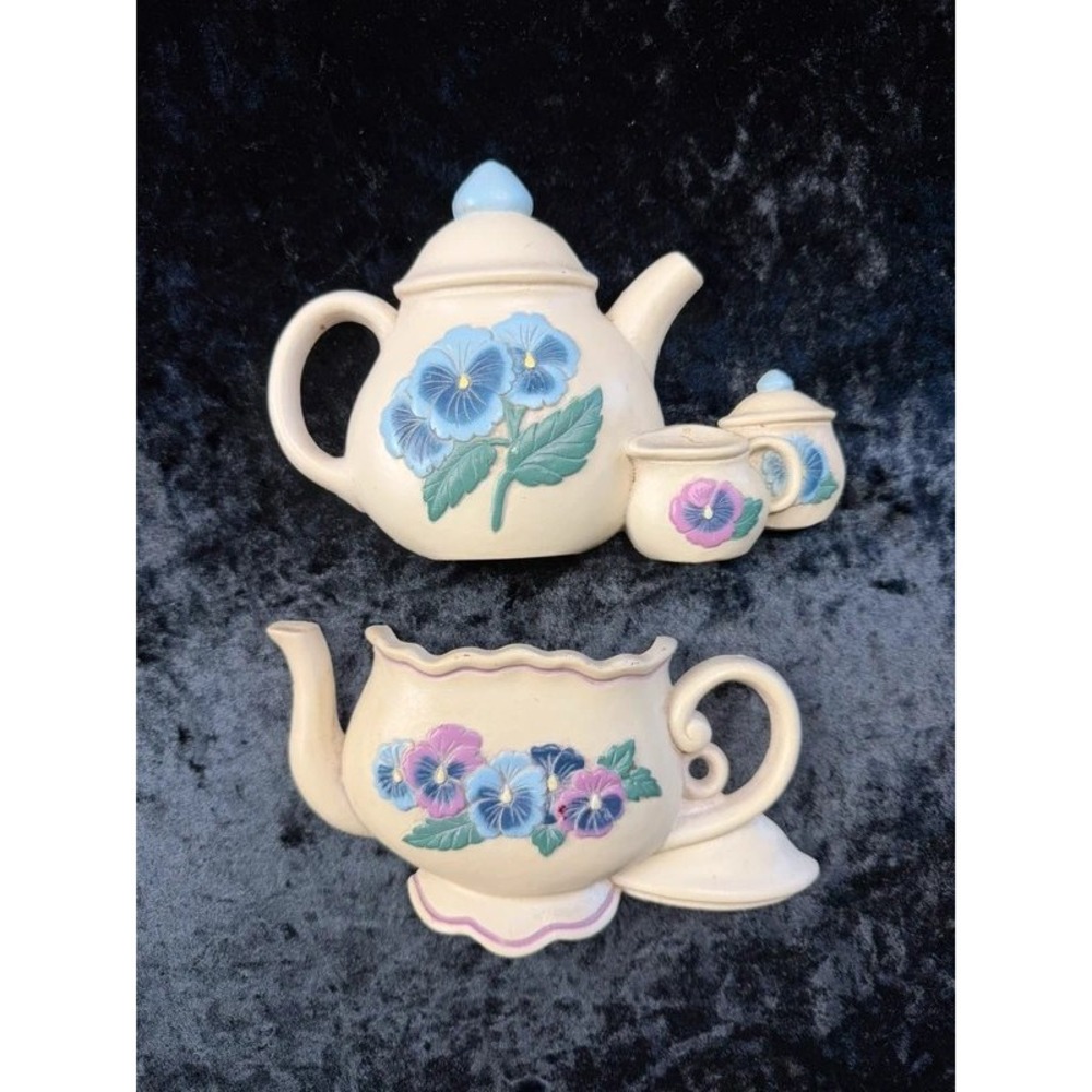 Vintage 1995 Burwood Pansy Teapot Wall Plaques Set of 2 USA Cottagecore